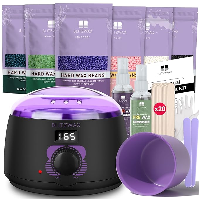 BLITZWAX Brazilian and Bikini Waxing Kit for Women Hard Wax Warmer for Face Legs and Body At Home Hair Removal Kit Beginner Friendly Fast Heating 51 Accessories 6 Types Wax Bean Formula