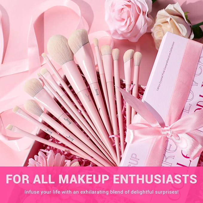 Jessup Pink Makeup Brushes Set 14Pcs Make up Brushes Premium Vegan Foundation Concealer Blush Eyeshadow Eyeliner Powder Highlighter Blending Face Brush Set T495