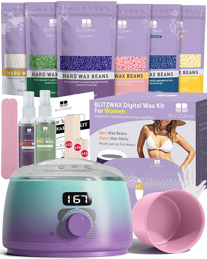 BLITZWAX Brazilian and Bikini Waxing Kit for Women Hard Wax Warmer for Face Legs and Body At Home Hair Removal Kit Beginner Friendly Quick Heating 32pcs Wax Spatulas
