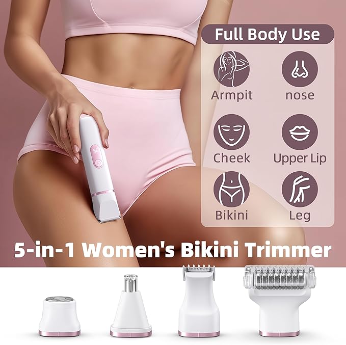 5-in-1 Bikini Trimmer for Women: IPX7 Waterproof Electric Razor Shaver for Face Pubic Area Leg Arm Underarm Nose Cordless Rechargeable Body Hair Removal Battery Display Ceramic Blade