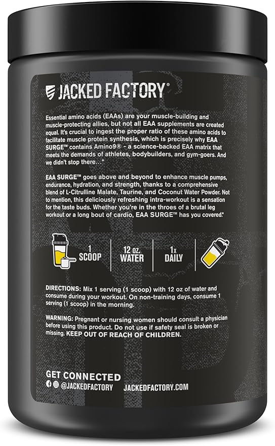 Jacked Factory EAA Surge Essential Amino Acids Powder - EAAS &amp BCAA Intra Workout Supplement w/L-Citrulline Taurine &amp More for Muscle Building Strength Endurance Recovery - Pineapple 20s