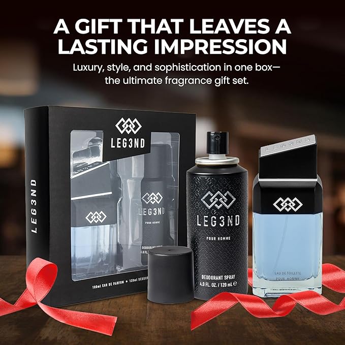LEG3ND Gift Set - Men's Fragrances Bundle with 3.4oz EDP Spray (Italian Bergamot &amp Patchouli) + 4.0oz All Over Body Deodorant for Men (Amber &amp Cedarwood Blend)
