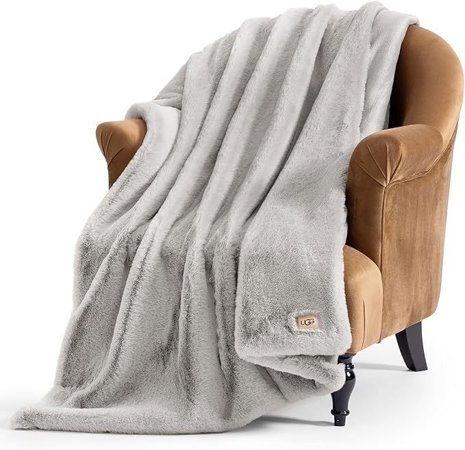 UGG Euphoria Plush Faux Fur Throw Blanket Oversized Warm Throw for Couch or Chair Luxury Bedroom Decor Christmas Cozy Blankets Machine Washable 50-inch x 70-inch Seal Grey
