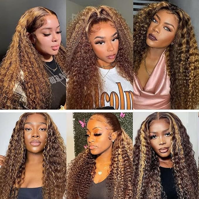 Curly Human Hair Wig Highlight P4/30 Lace Frontal Closure Deep Wave Human Hair Wig Pre Plucked Pre Cut Lace Frontal Closure Closure Glueless Wigs Elastic Band 200% Density 18 Inch