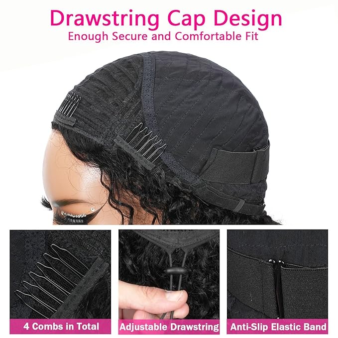 Half Wig Human Hair - 200% Density Curly Half Wig 3 In 1 Wear Go Glueless Wigs 16 Inch Drawstring Seamless Kinky Curly Flip Over Headband Wig Human Hair Beginner Friendly