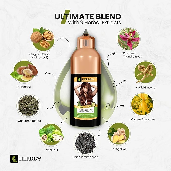 HERBBY Hair Color Shampoo for Gray Hair Coverage&ampColor Transform with 9 Herbal Extracts ?Long Lasting(6-8 Weeks)ShinyEvenly ColoredInstant Hair Dye Shampoo&ampConditioner500 Ml (AUBURN BROWN