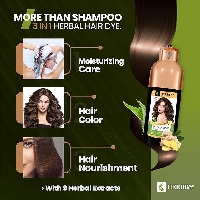 HERBBY Hair Color Shampoo for Gray Hair Coverage&ampColor Transform with 9 Herbal Extracts ?Long Lasting(6-8 Weeks)ShinyEvenly ColoredInstant Hair Dye Shampoo&ampConditioner 500 Ml (DARK BROWN C