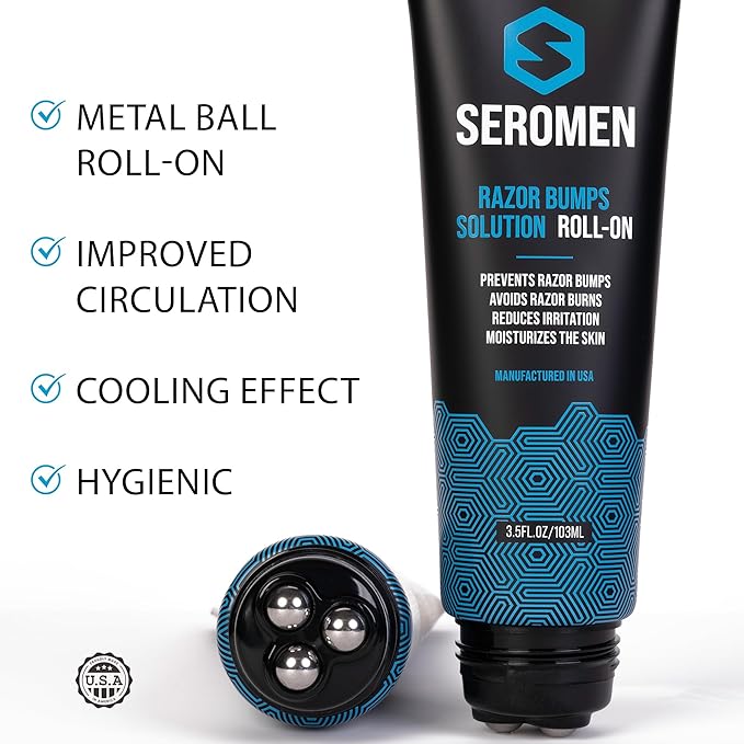 Seromen Razor Bump Treatment for Men - Ingrown Hair Treatment for Men - Face &amp Body After Shave &amp Razor Burn Treatment - Metal Roll On Soothes Skin &amp Calms Irritation (3.5fl.oz) Made in US