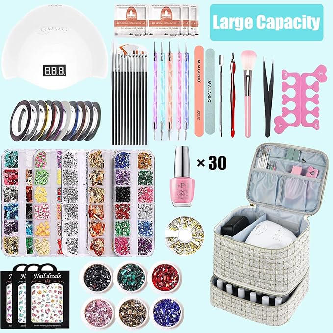 CTWWFS Nail Polish Organizer and Nail Lamp Case Nail Kit Organizer Holds 30 Bottles (15ml - 0.5 fl.oz) and a Nail Lamp Nail Polish Carrying Case with Manicure Tools Storage Sections (A-White)