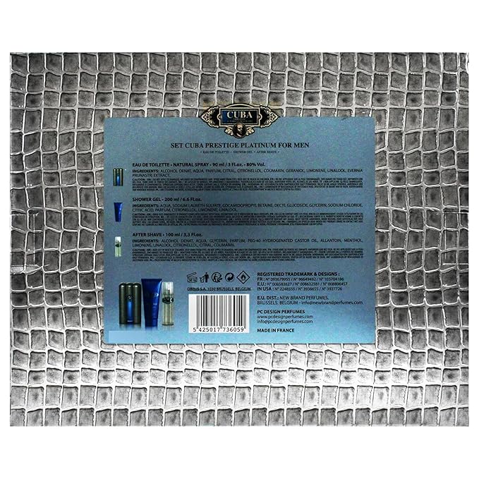 Cuba Prestige Platinum by Cuba for Men - 3 Pc Gift Set 3oz EDT Spray 6.7oz Shower Gel 3.3oz After Shave