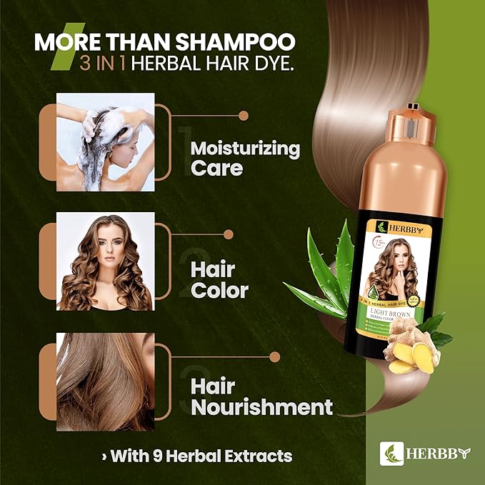 HERBBY Hair Color Shampoo for Gray Hair Coverage&ampColor Transform with 9 Herbal Extracts ?Long Lasting(6-8 Weeks)ShinyEvenly ColoredInstant Hair Dye Shampoo&ampConditioner 500 Ml (LIGHT BROWN