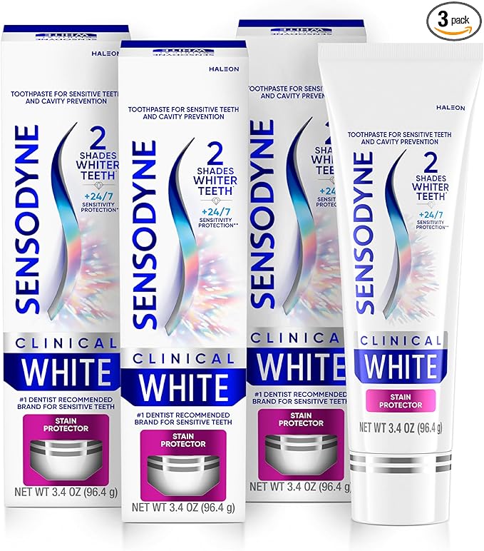 Sensodyne Clinical White Toothpaste Clinically Proven Whitening for Sensitive Teeth Stain Protector 3.4 oz x 3