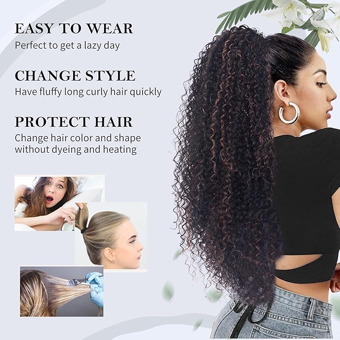 27 Inch Drawstring Ponytail Extension for Black Women Deep Curly Ponytail Extension Synthetic Mixed with Human Hair Hairpieces Afro Kinky Curly Pony Tail for Daily Use (Brown Highlight)
