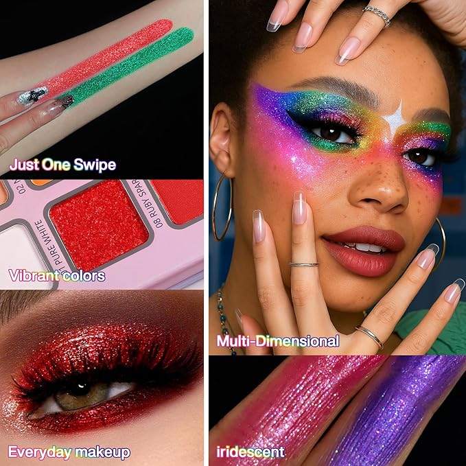 DE'LANCI Rainbow Eyeshadow Palette Colorful Makeup Pallet Multichrome Bright Neon Eyeshadow Palette High Pigment Vibrant Face Paint Rainbow Iridescent Makeup Long Lasting Daily Festival Goth FX Look