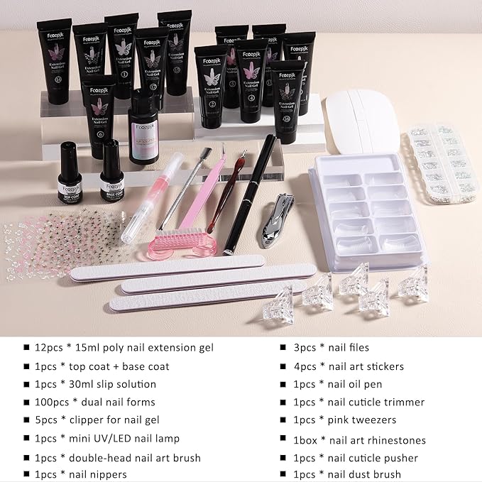 Poly Nail Gel Kit with UV Light 12 Colors Clear Nude Pink Iridescent Glitter Extension Gel Builder Gel Starter Kit Base Top Coat Set Slip Solution Nail Gel Kit for Beginners with Everything