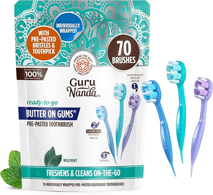 GuruNanda Ready-to-Go Disposable Mini Travel Toothbrushes - Butter on Gums Softex Bristles Pre-Pasted Toothbrush &amp Toothpick - Fluoride-Free No Rinsing Needed 70 Ct