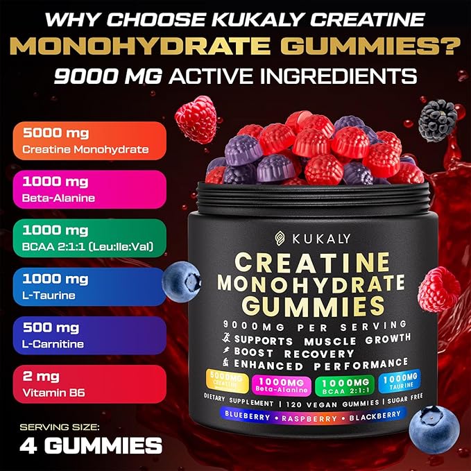 Creatine Monohydrate Gummies for Men &amp Women 9000MG Creatine Gummies Sugar Free - Mixed Flavored with L-Taurine BCAA 2:1 B12 B6 for Boost Strength Focus &amp Endurance Vegan Non-GMO 120pcs