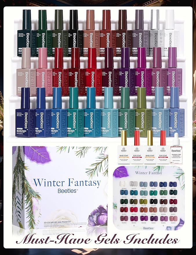 Beetles Winter Gel Polish Set - Winter Fantasy Collection 35PCS HEMA-Free 10ml Soak Off UV LED Gel Nail Kit Berry Red Caramel Colors with Base Top Coat &amp Cuticle Oil Christmas Gift