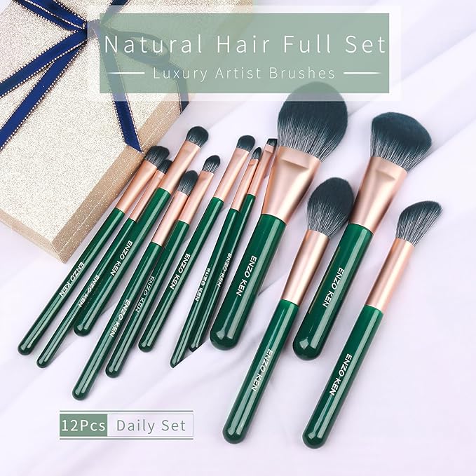 Natural Fiber &amp Goat Hair Makeup Brush Set Professional Combined Hair Makeup Brushes Set with Case by Luxury ENZO KEN Emerald Green Cosmetic Brushes Makeup Set Natural Bristle Makeup Brushes.