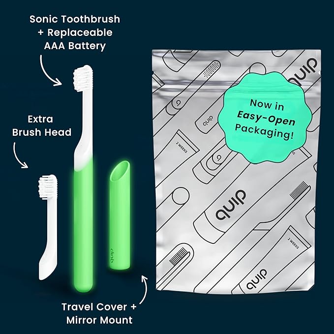 Quip Sonic Toothbrush for Kids with Timer - Includes Extra Brush Head and Travel Cover Mount - Electric Soft Bristle Refill Head Rubber Handle 3 Month Battery Life - Glow in The Dark Green