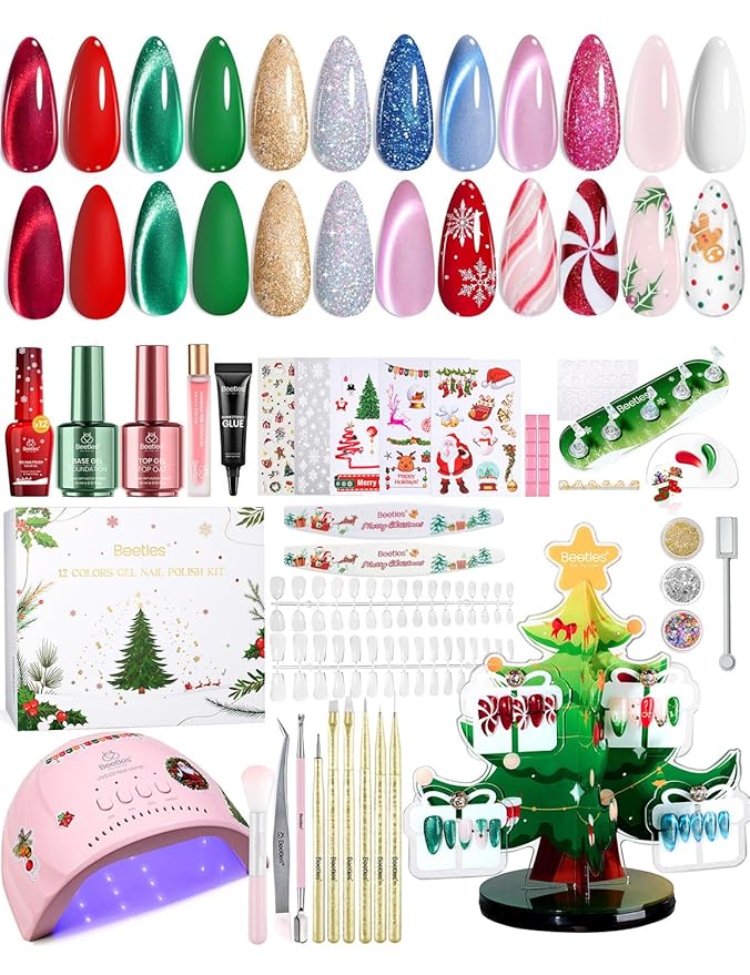 Beetles 67Pcs Gel Nail Kit Crystal Christmas Gifts for Women Teen Girls - 12 Colors Cat Eye Red Glitter Gel Polish Kit with U V Light &amp Nails Stand Acrylic Holder Display Nails Stuff Manicure Set