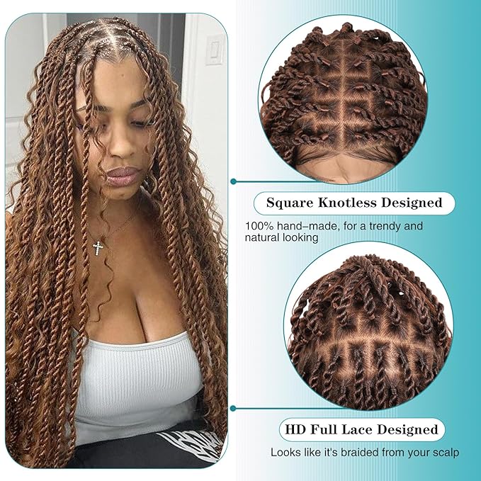 Kalyss HD Full Lace Boho Braided Wigs for Women 360 Lace Front Twist Braided Wigs with Baby Hair Brown Premium Synthetic Knotless Braid Wig 36