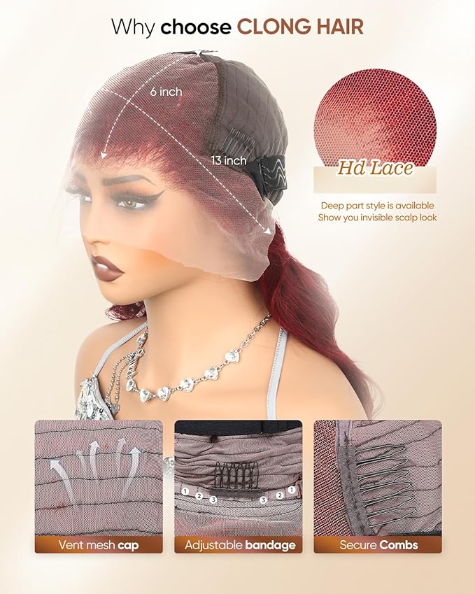 13X6 99j Burgundy Lace Front Wigs Human Hair200% Density 99j HD Lace Front Wigs Red Colored Body Wave Human Hair Wigs 30inch