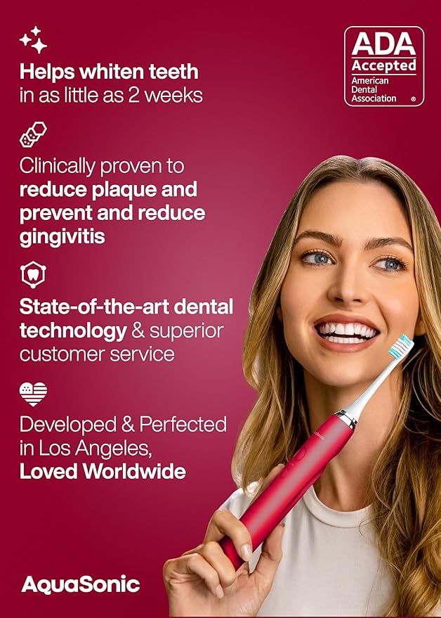 Aquasonic Vibe Series Ultra-Whitening Toothbrush ? ADA Accepted Electric Toothbrush - 8 Brush Heads &amp Travel Case ? 40000 VPM Motor &amp Wireless Charging - 4 Modes w Smart Timer ? Ruby