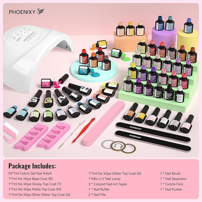 phoenixy 71 Pcs Gel Nail Polish Kit with U V Light 60 pcs Gel Nail Kit with 5 Pcs Base Top Coat Manicure Starter Nail Polish Set Christmas Gifts for Women ST9019