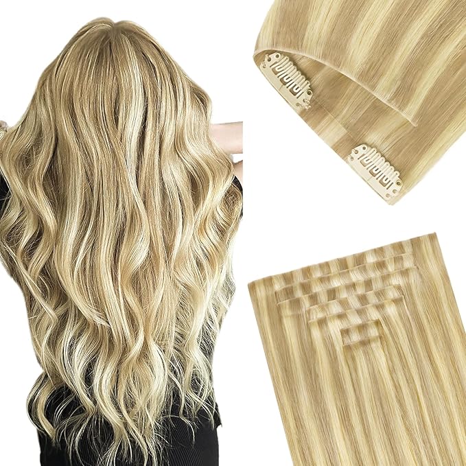 GOO GOO Invisi Edge Clip in Hair Extensions 16inch 120g 7Pcs Injected Seamless PU Clip in Hair Extensions Virgin Real Human Hair #18D/22F Dirty Blonde Highlights