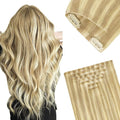 GOO GOO Invisi Edge Clip in Hair Extensions 16inch 120g 7Pcs Injected Seamless PU Clip in Hair Extensions Virgin Real Human Hair #18D/22F Dirty Blonde Highlights