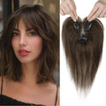 REECHO Hair Toppers for Women Real Human Hair Seamless Human Hair Toppers with Bangs 360° 3D Cover Clip in Bangs Hair Extensions for Daily Wear Dark Chocolate Brown