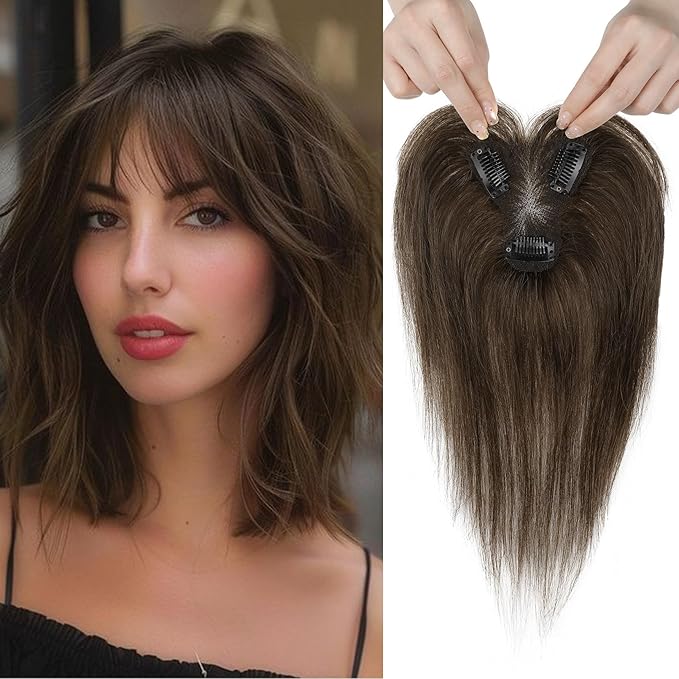 REECHO Hair Toppers for Women Real Human Hair Seamless Human Hair Toppers with Bangs 360° 3D Cover Clip in Bangs Hair Extensions for Daily Wear Dark Chocolate Brown