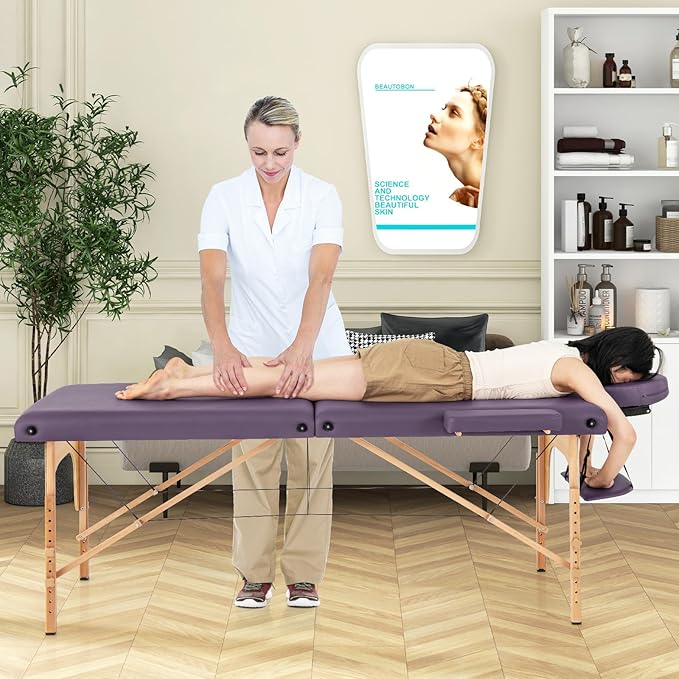 Giantex Massage Table Portable Massage Bed w/Carrying Case 2-Section Salon Spa Facial Care Tattoo Bed Height Adjustable Wood Frame Professional Massage Lash Bed for Eyelash Extension (Purple)