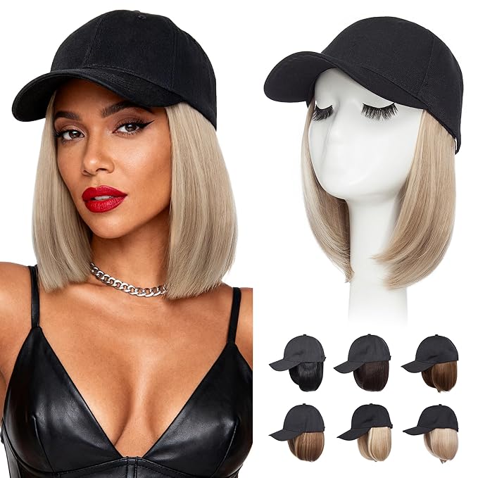 S-noilite Hat Wig for Women Black Baseball Cap Wig with Short BOB Hair Attached Adjustable Hat Wigs Synthetic Hair Extensions Ash Brown Highlighted Blonde