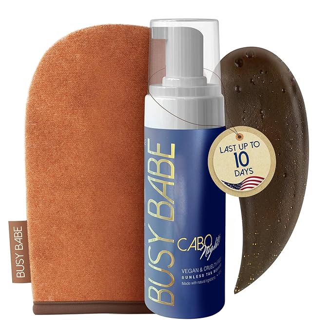 Self Tanner - Cabo Nights Express Rapid Dark Tanning Mousse - Deeper Sun-Kissed Glow with Mitt - Vegan Cruelty-Free Instant Tan Self Tanning Mousse Pump - Express Violet based- 7.2 oz