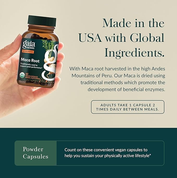 Gaia Herbs Maca Root - Caffeine-Free Natural Energy Supplement - Supports and Maintains Healthy Energy and Stamina - Made with Organic Maca Root (Lepidium meyenii) - 60 Vegan Capsules (30-Day Supply)