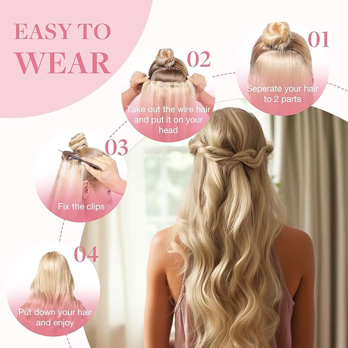 GOO GOO Wire Hair Extensions Human Hair 17/22/60 Ash Blonde with Golden Blonde and Platinum Blonde Balayage 18inch 95g Invisible Wire Hair Extensions with Transparent Seamless Fish Line Hairpiece