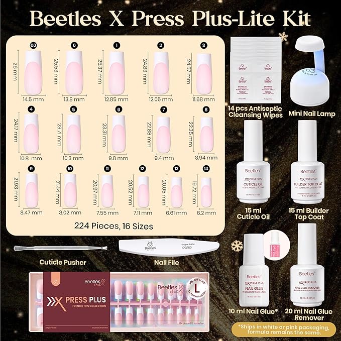 Beetles X Press Plus On Nails Kit - Rose French | Pink Long Square French Tip Press On Nails | 224Pcs 16 Sizes All-in-One Kit With Nail GlueRemoverBuilder Top CoatNail Lamp