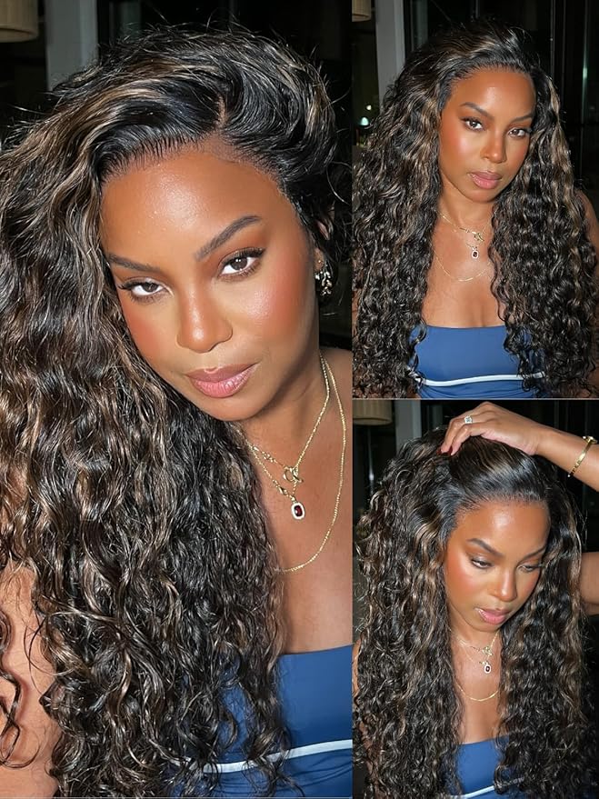 Nadula Golden Brown Highlight Water Wave Bye Bye Knots Glueless Wig Pre Cut 7X5 Invisible Knots HD Lace Front Wigs Human Hair Pre Plucked Wet and Wavy Ready to Go Wig 150% Density 16inch