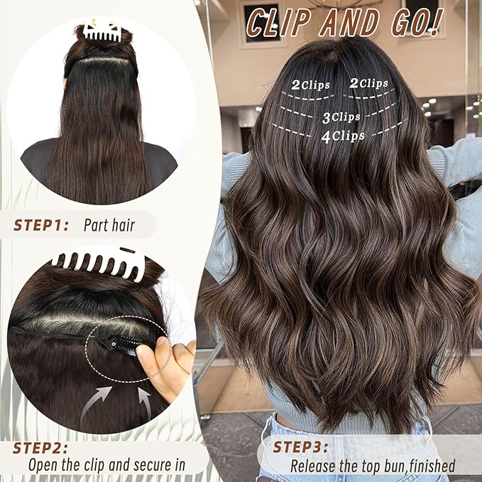 Vigorous Clip in Hair Extensions 4Pcs Light Ash Brown mixed Long Wavy Hair Extensions Clip Ins 20Inch Soft and Natural Synthetic Hairpieces for Women