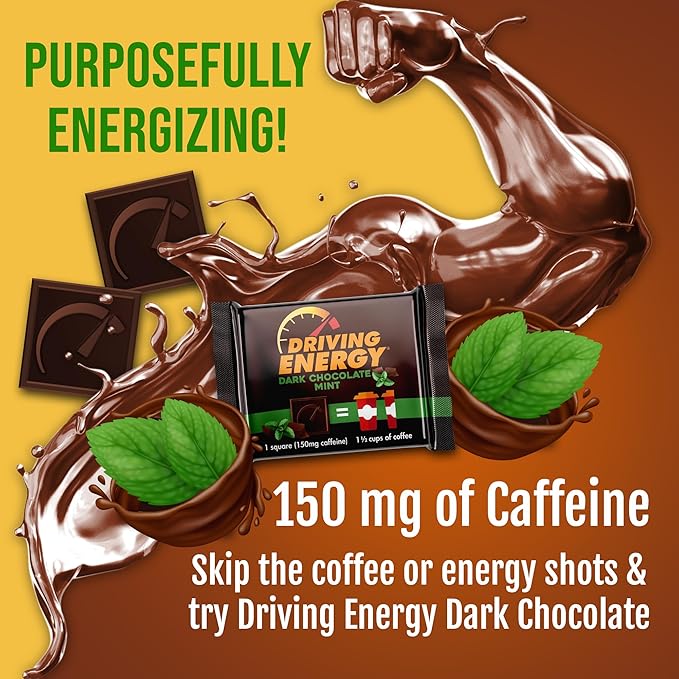 Driving Energy - Caffeinated Energy Bite Size - Dark Chocolate Mint Energy Fuel with 150mg Caffeine - Long-Lasting Energy for Gym Workout Adults - Great Taste - Low Carb - Healthy Snack - 30 Count