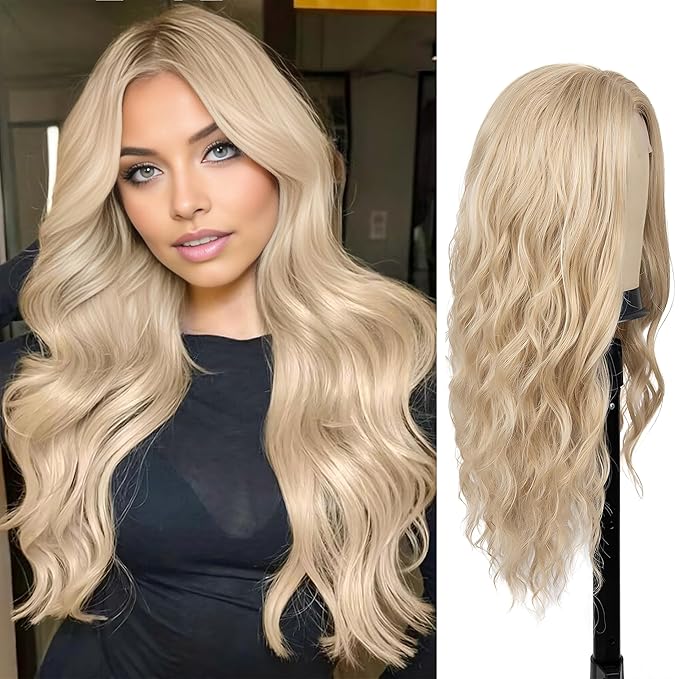 Haoland 613 Blonde Wigs for Women Lace Hairline Long Blonde Wigs Middle Part Long Curly Wig Heat Resistant Synthetic Hair Looking Natural Fiber Wig for Daily Party Use