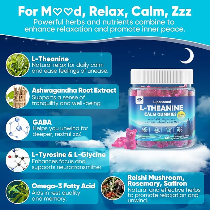 L Theanine Calm Gummies 500mg Sugar-Free Liposomal L-Theanine Supplement w/Safforn Magnesium Glycinate GABA Ashwagandha Algae Omega-3 Vitamin D3 B12 for Brain Calm Relax Mood Zzz 120Cts