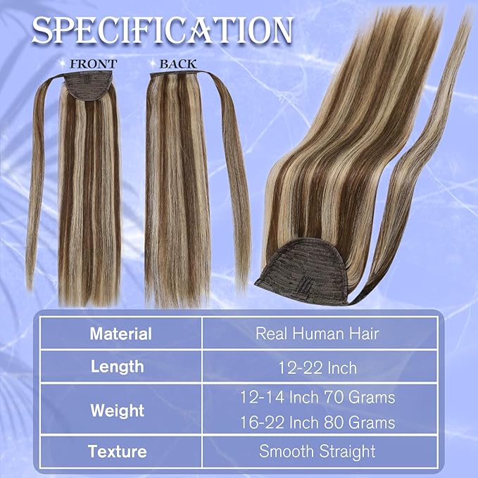 Full Shine Ponytail Extension Human Hair Dark Brown Ombre Honey Blonde Ponytail Clip in Hair Extensions Long Straight Pony Tail Hair Pieces For Women 20Inch 80g