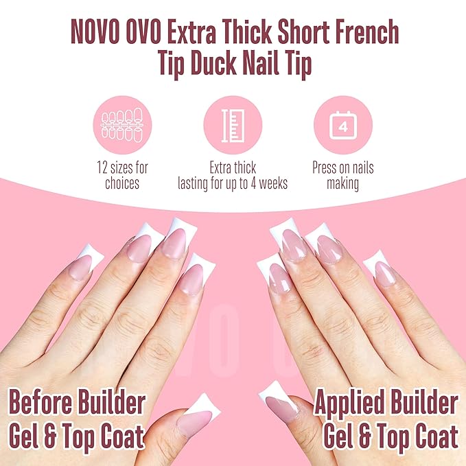 NOVO OVO White French Tip Short Duck Nail Tips Press on BERRY PINK Pre-designed Soft Gel Nail Extension Extra thick Full Cover Matte Vrial False Nails for DIY x 12 Sizes 360 pcs