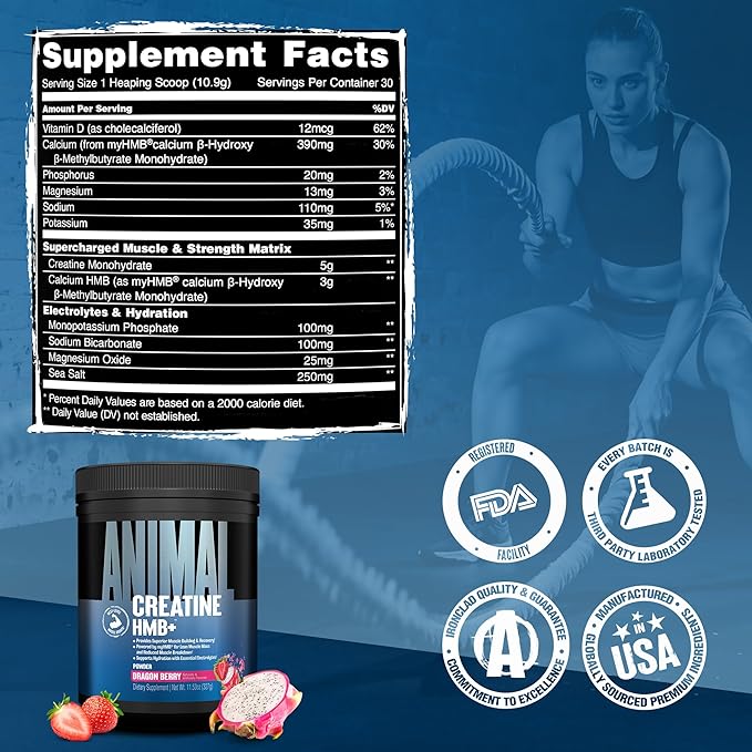 Animal Creatine HMB Powder ? 3g myHMB + 5g Creatine with Electrolytes for Recovery &amp Daily Energy ? Dragon Berry Flavor 30 Servings