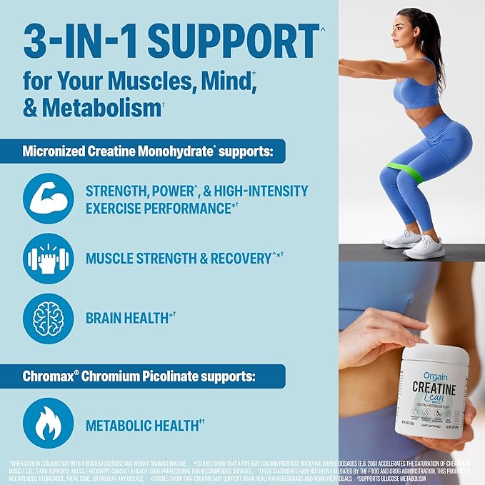 Orgain Micronized Creatine Monohydrate Lean Muscle Powder with Metabolism Blend Unflavored 50 Servings Supports Muscle Strength and Brain Health No Dairy or Soy Gluten Free Vegan