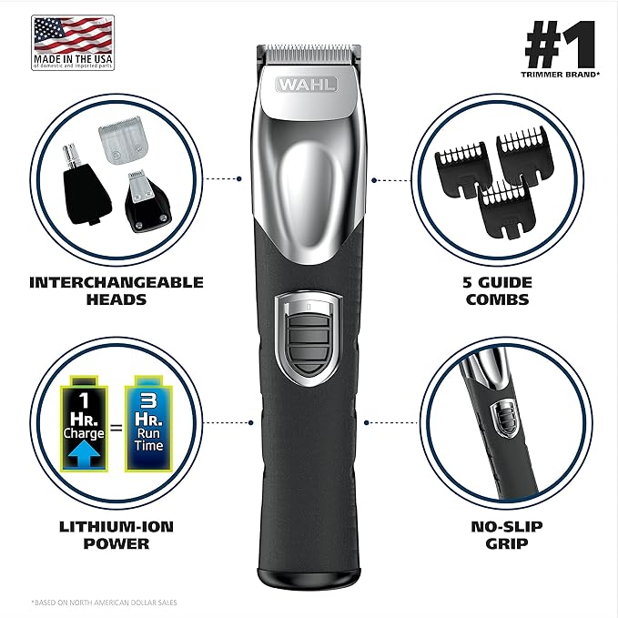 Wahl USA Rechargeable Lithium Ion All in One Beard Trimmer for Men with Detail and Ear &amp Nose Hair Trimmer Attachment ? Model 9854-600B