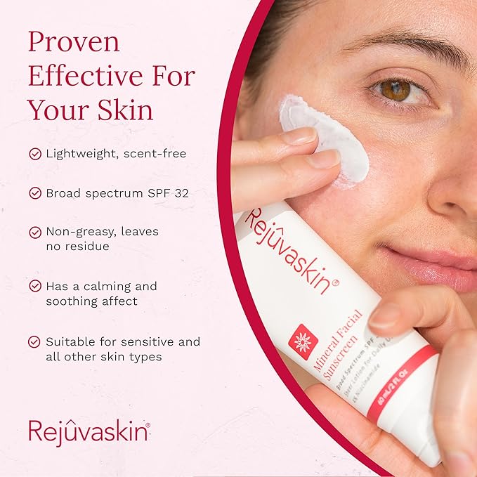 Rejuvaskin Mineral Facial Sunscreen Broad Spectrum SPF 32 for Sensitive and Acne-Prone Skin Oil-Free 3.38 fl oz / 100ml
